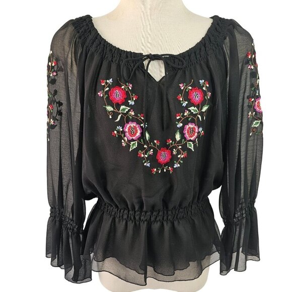 Jonathan Martin Embroidered Off Shoulder Gypsy Blouse Top Women M/L Sheer Black - Picture 1 of 9